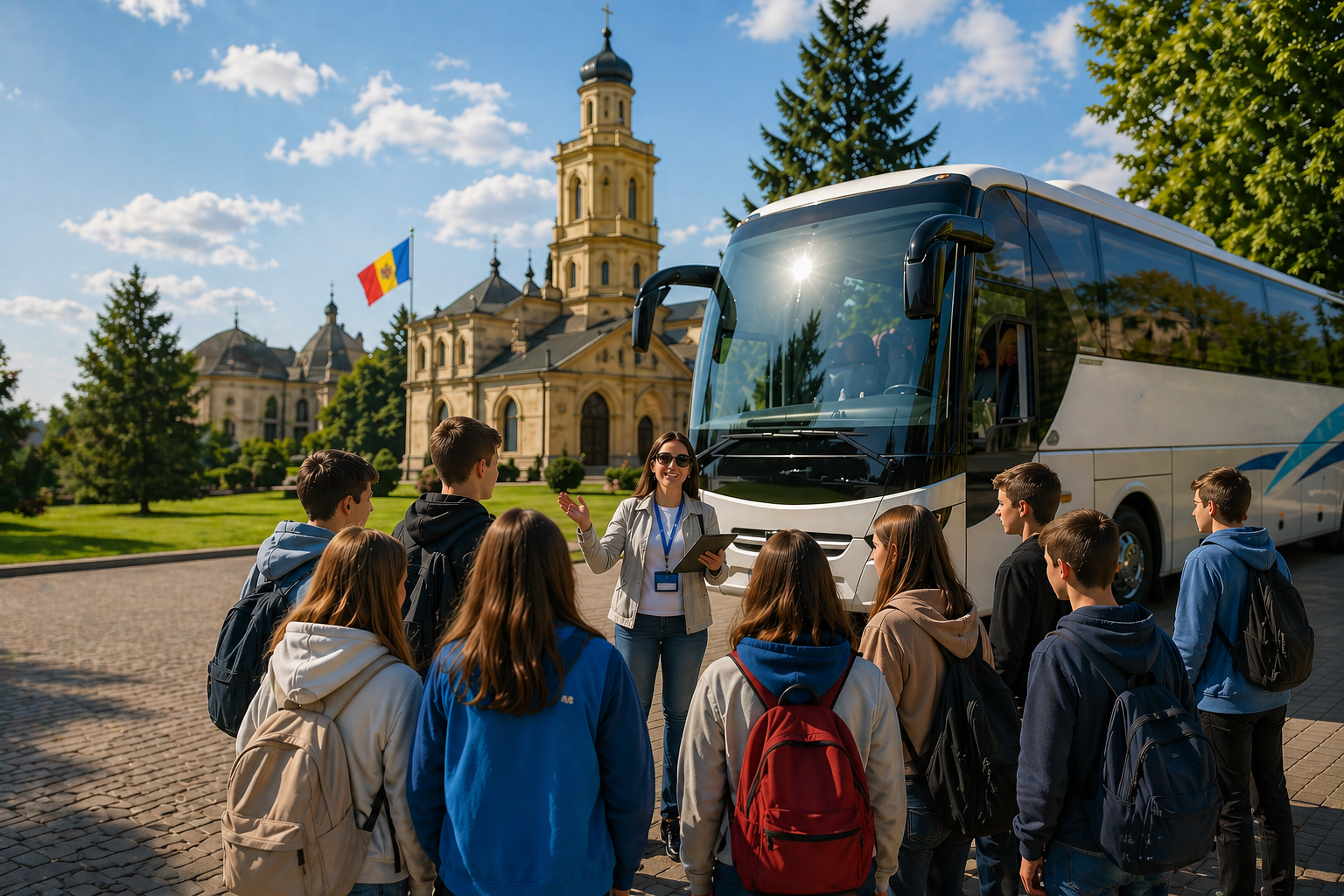 Autocar staționat într-un context de călătorie de grup
