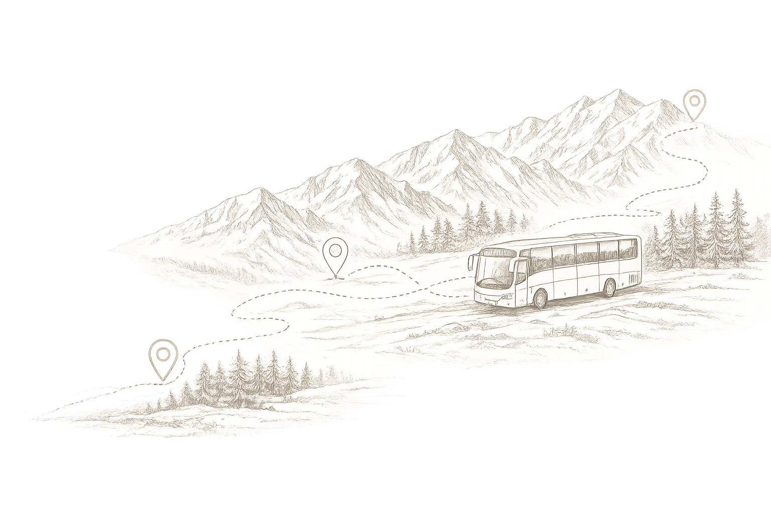 Ilustrație excursie cu autobuzul prin munți