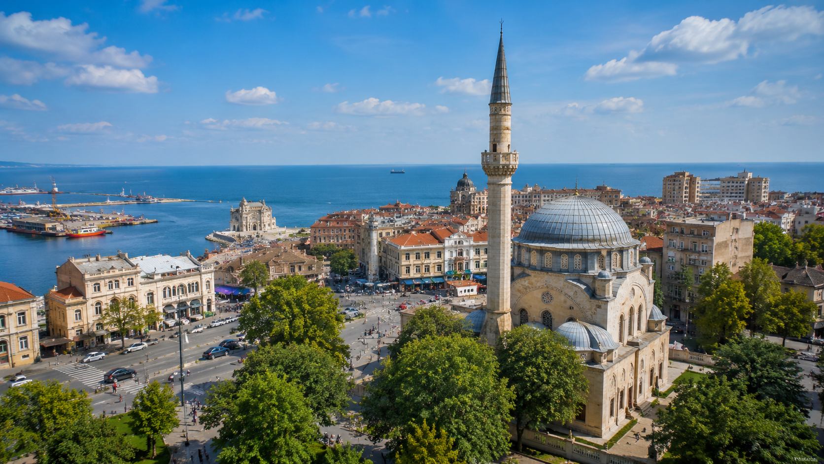 Peninsula Constanța cu Moscheea Carol I și portul