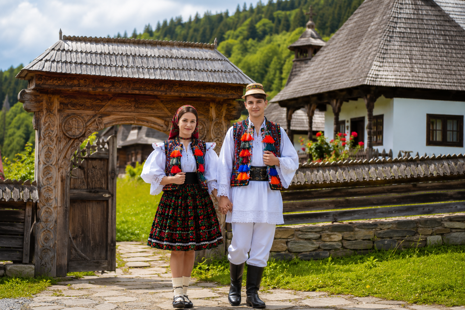 Femei și copil în port tradițional pe un drum din satul Breb